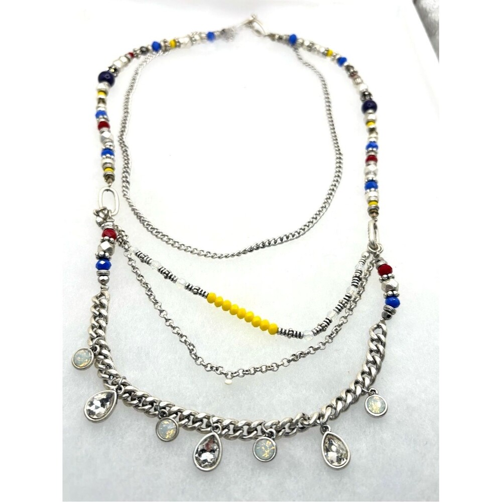 Premier Designs Multi-Strand Silver Necklace with Yellow, Blue & Red Beads